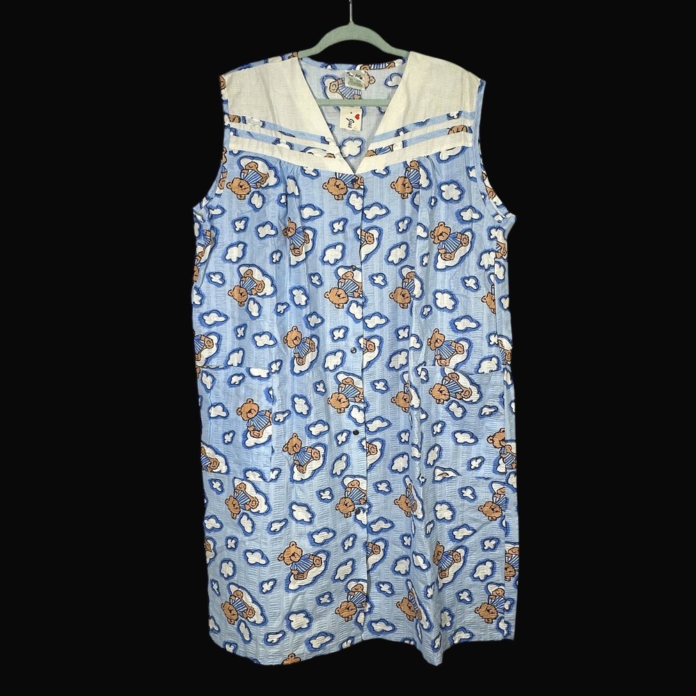 Just Love Teddy Bear Cloud Print Seersucker Duster Robe Snap Front Housecoat XXL